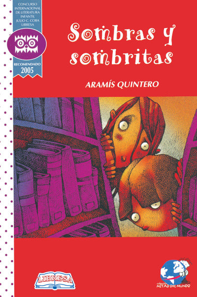 Book cover of Sombras y Sombritas with an illustration of two kids peaking around bookshelves.