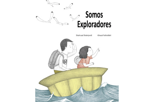Book cover of Somos Exploradores with an illustration of two people sailing in a hat.