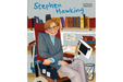 Book cover of Stephen Hawking with an illustration of Stephen Hawking seated in front of bookshelves.