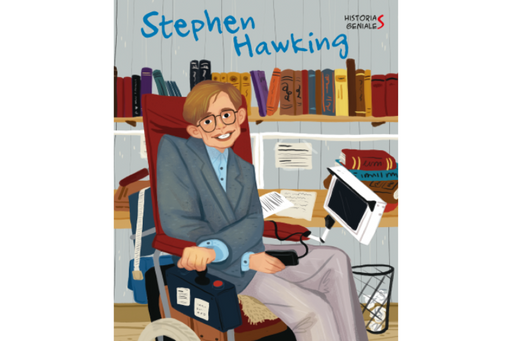Book cover of Stephen Hawking with an illustration of Stephen Hawking seated in front of bookshelves.