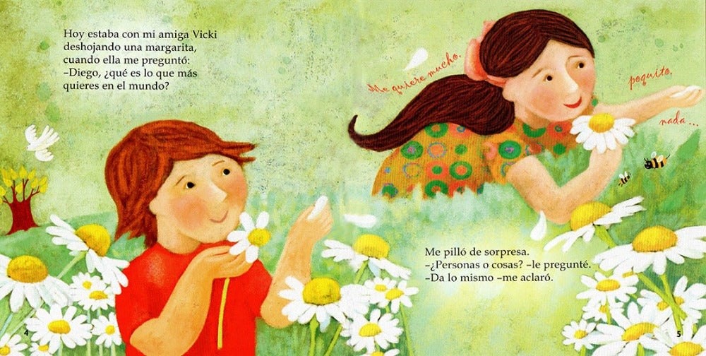 Inside pages show text and an illustration of the boy and girl picking flower petals.