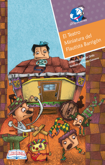 Book cover of El Teatro Miniature del Flautista Barrigon with an illustration of people putting on a puppet show.
