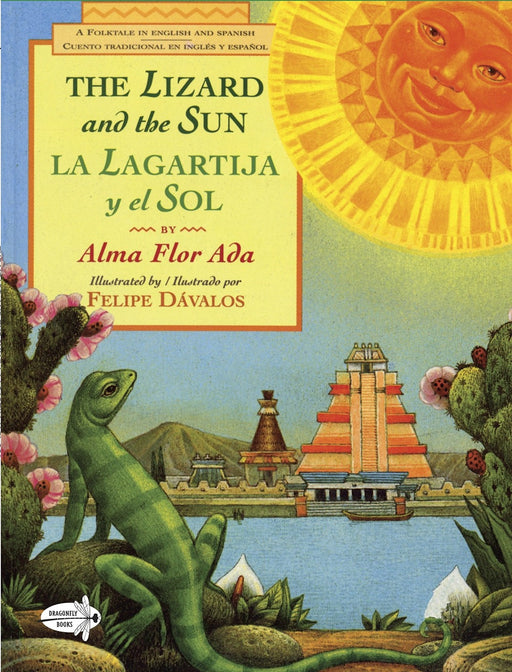 Book cover of The Lizard and the Sun/La Lagartija y el Sol with an illustration of a lizard staring at the sun.