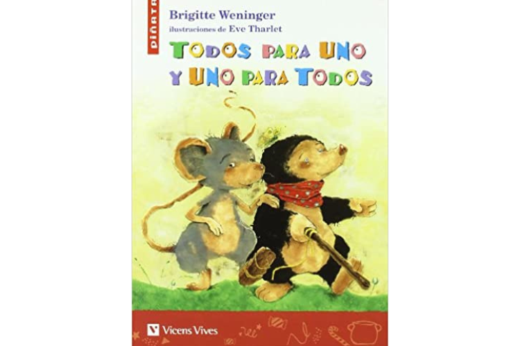 Book cover of Todos para uno y uno para Todos with an illustration of two mice, one is blind and using a walking stick, the other mice appears to have a broken foot.