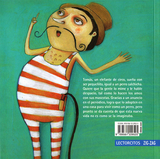 Back cover of book shows text and an illustration of a man in a white and red striped outfit.