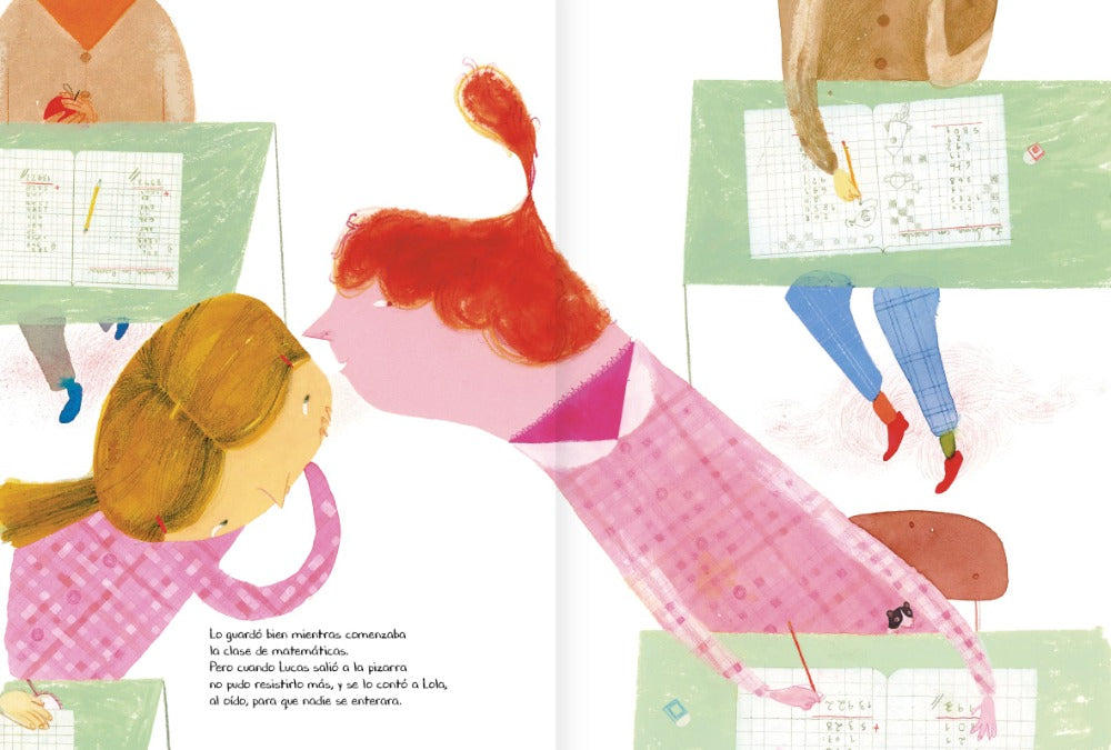Inside book pages show text and an illustration of a girl whispering to another girl in a classroom.