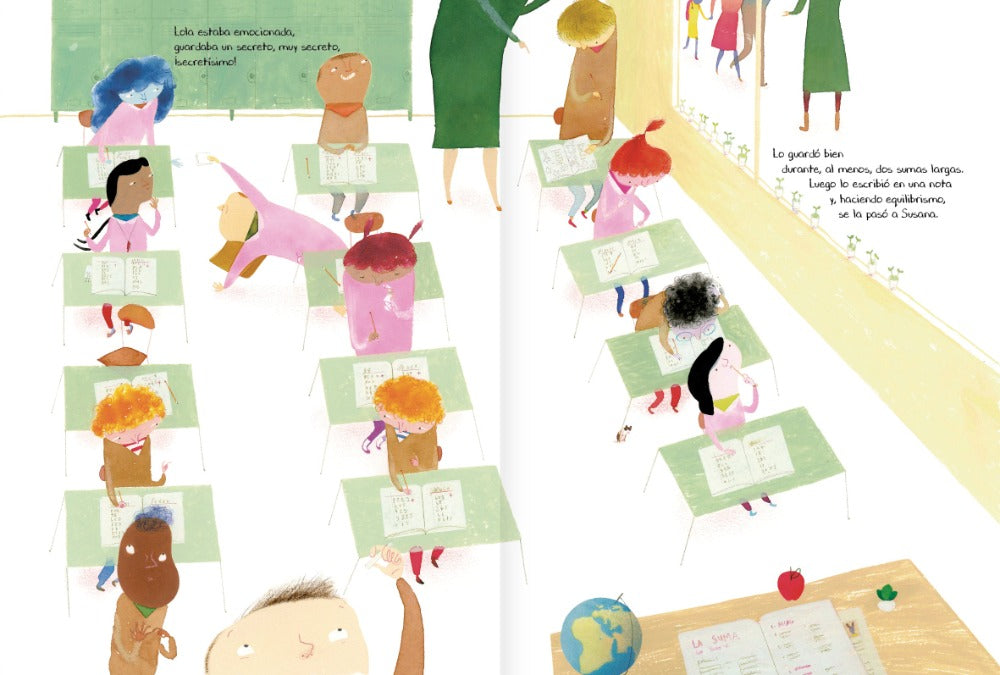 Inside book pages show text and an illustration of  a classroom with children working on classwork.