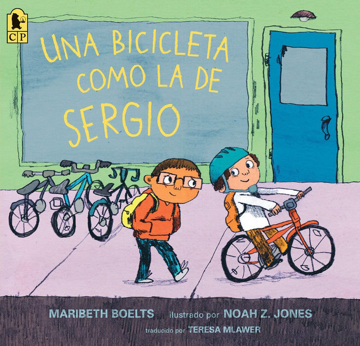 Una Bicicleta Como la de Sergio with an illustration of a child watching another kid ride a bike.