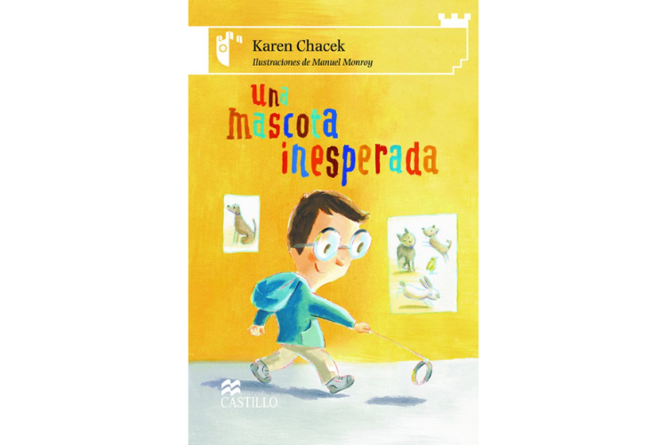 Book cover of Una Mascota Inesperada with an illustration of a child walking an invisible dog.