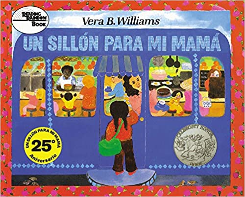 Book cover of Un Sillon Para mi Mama a child outside a restaurant.