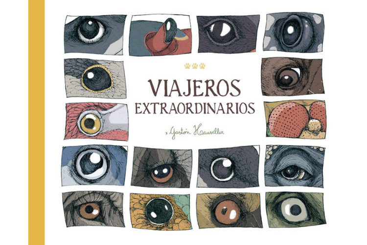 Book cover of Viajeros Extraordinarios with illustrations of different animal eyes.