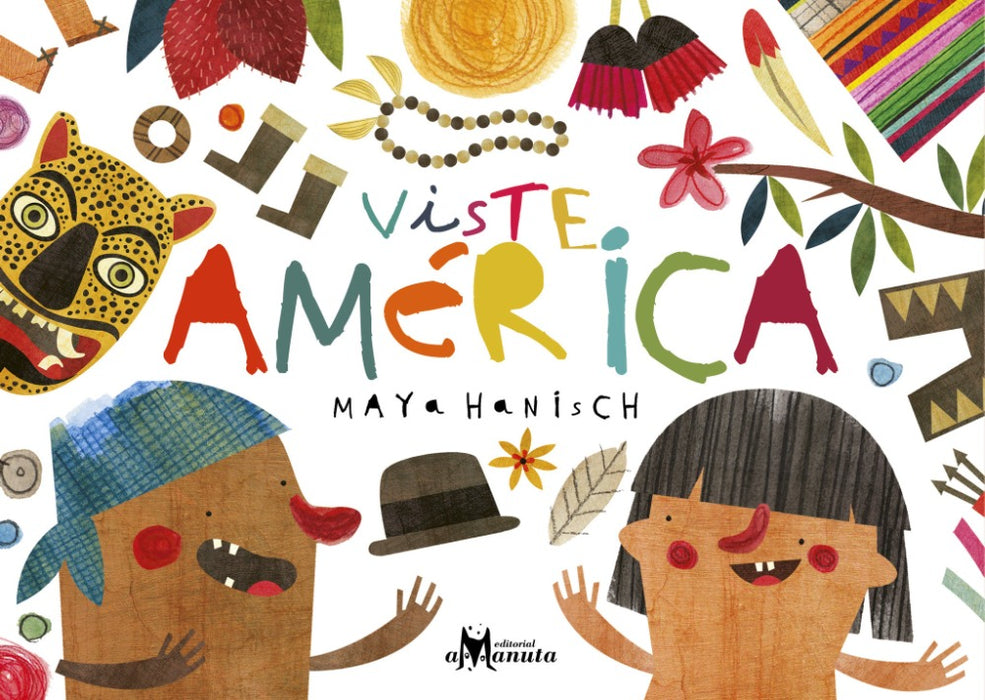 Book cover of Viste America with illustrations of a variety of objects scattered with two people.