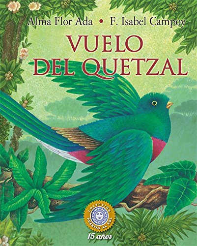 Book cover of Vuelo del Quetzal with an illustration of a bird in the iddle of a forest.