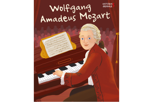 Book cover of Wolfgang Amadeus Mozart with an illustration of Mozart sitting at a piano.