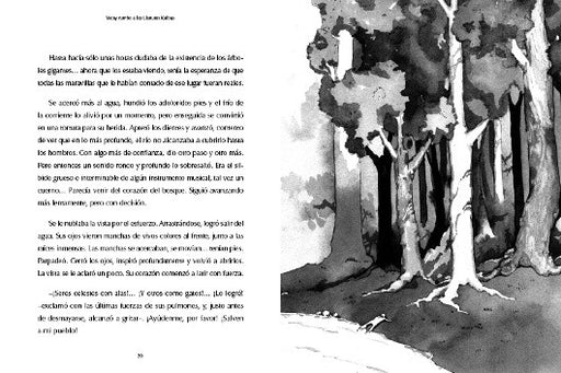 Inside book pages show text and an illustration of a forest