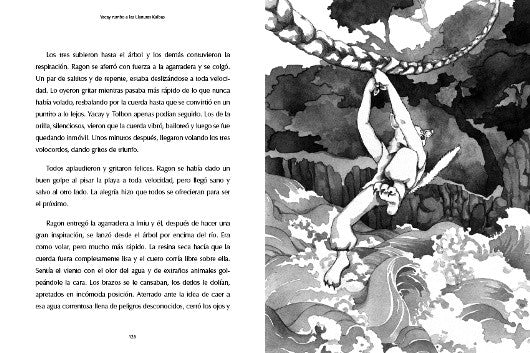 Inside book pages show text and an illustration of a creature climbing a rope across a river.