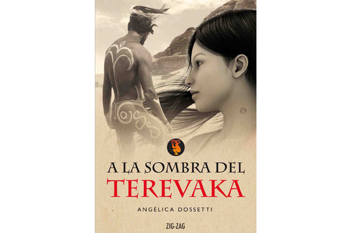 Book cover depicting the face of a girl looking at a Easter Island native with ceremonial body paintings. 