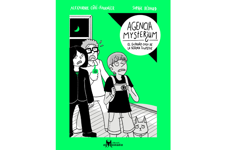 Book cover of Agencia Misterium depicting an illustration of three kids in a room with a dog with surprise faces