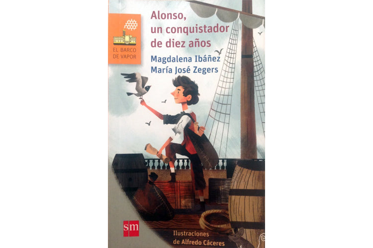 Book cover depicting a boy on board of an old ship with a bird standing on his hand