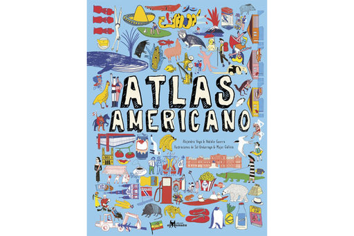 Atlas americano cover depicting a collage of images from animals to vegetables and all sorts of manmade products