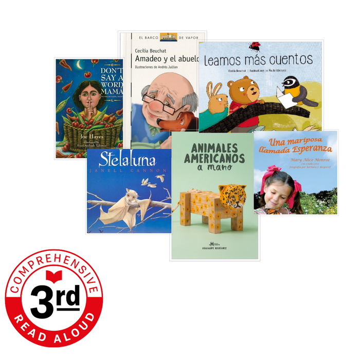 Photo of six different books available for third grade comprehensive read aloud sets.