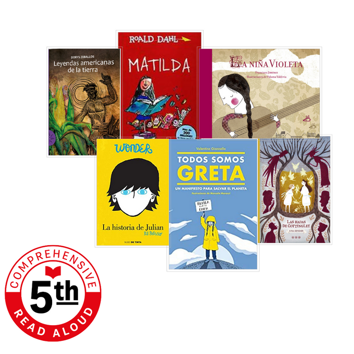 Photo of six different books available for fifth grade comprehensive read aloud sets.