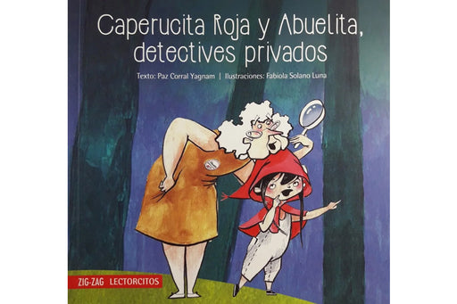 Illustration of Little Red Riding Hood pointing at something in the distance, standing next to her grandmother who is holding a magnifying glass.