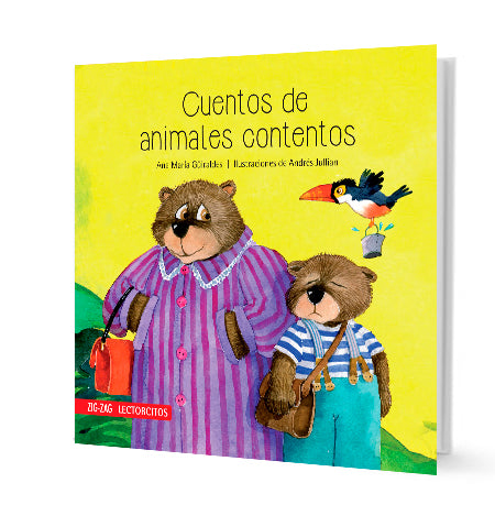 Book cover of Cuentos de Animales Contentos with an illustration of mama bear with her son dressed like humans.
