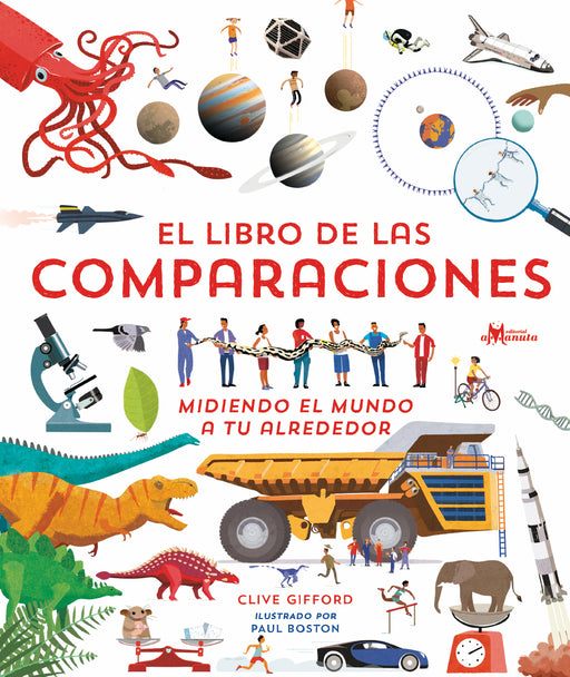 Book cover of El Libro de las Comparaciones shows many objects such as animals, vehicles, planets, and more.