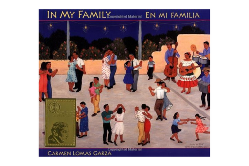 Book cover of En mi Familia with an illustration of groups of people dancing.