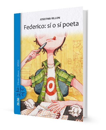 Book cover of Federico si o si Poeta with an illustration of a boy doing school work.
