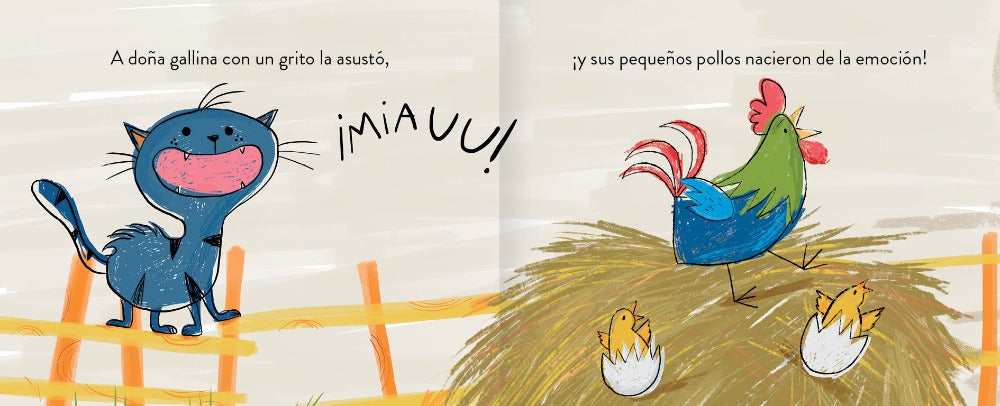 Inside pages shows text and an illustration of a blue cat and chickens.