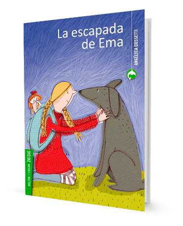 Book cover of La Escapada de Ema with an illustration of a girl wearing a backpack with a doll sticking out of it, petting a dog.