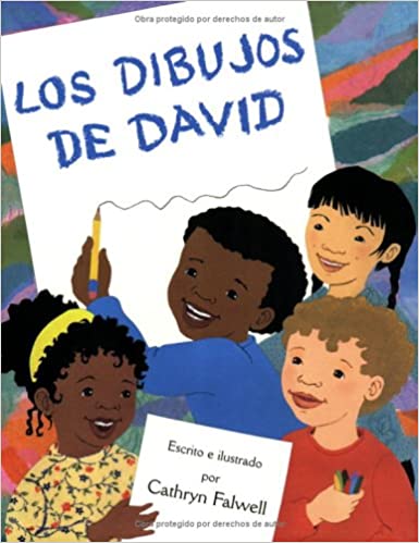 Book cover of Los Dibujos De David with an illustration of four kids, one of them is drawing a squiggly line.
