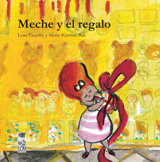 Book cover of Meche y el Regalo with an illustration of a girl standing outside a store holding a present with a big red ribbon on it.
