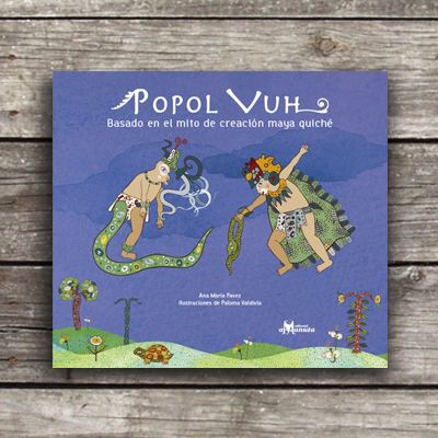Book cover of Popol Vuh with an illustration of two creatures fighting.
