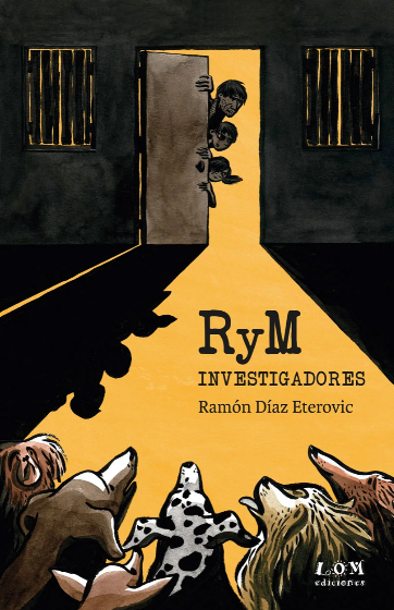 Book cover of R y M Investigadores illustrates a group of people opening a door with animals inside.