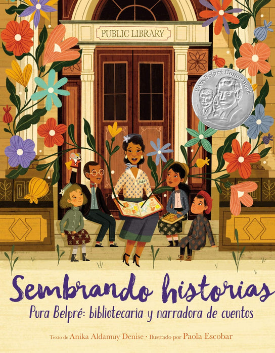 Book cover of Sembrando Historias with an illustration of a family reading on the steps of a library.