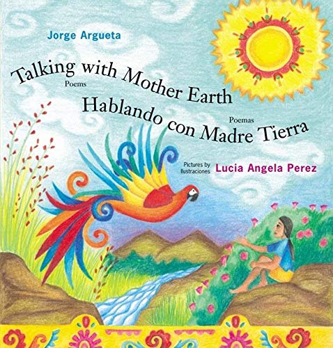 Book cover of Hablando con Madre Tierra with an illustration of a little girl watching a bird.