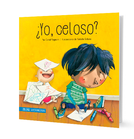 Book cover of Yo, Celoso with an illustration of two young brothers coloring with crayons.