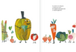 Inside pages of book show text and illustrations of the carrot princess and other vegetable people.