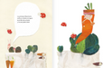 Inside pages of book show text and an illustration of a Carrot Princess sitting on a brussel sprout talking to other small vegetable people.